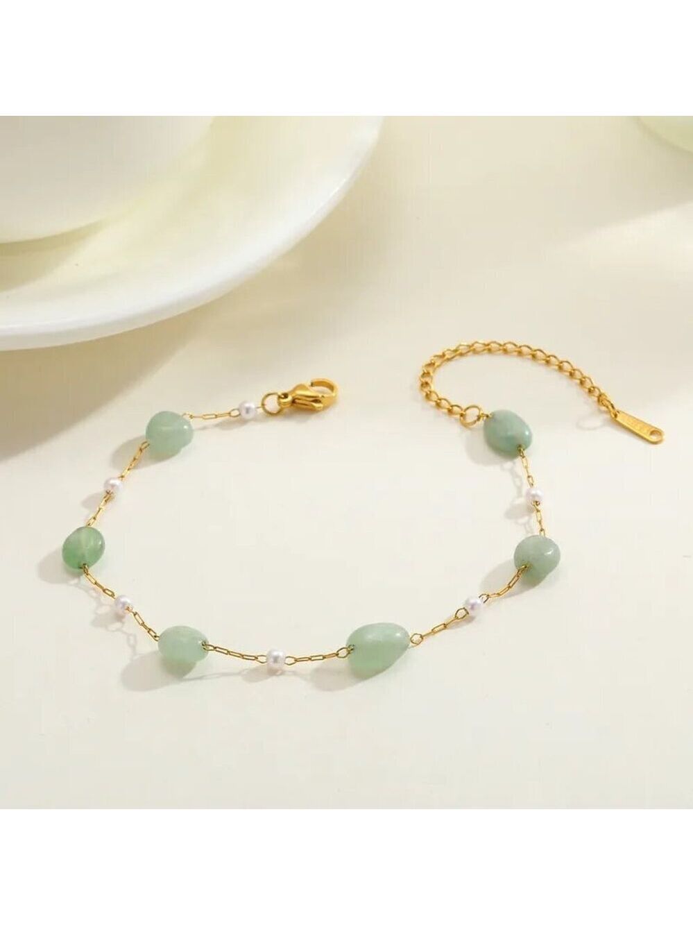 Luxe 18K Gold Plated Green Bead & Faux Pearl Chain Bracelet